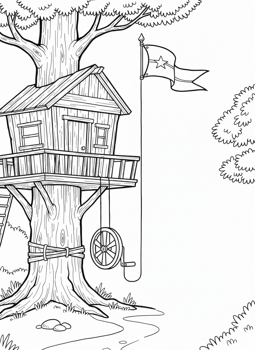 A simple hand-crank pulley system with a flag being raised to the top of a treehouse.