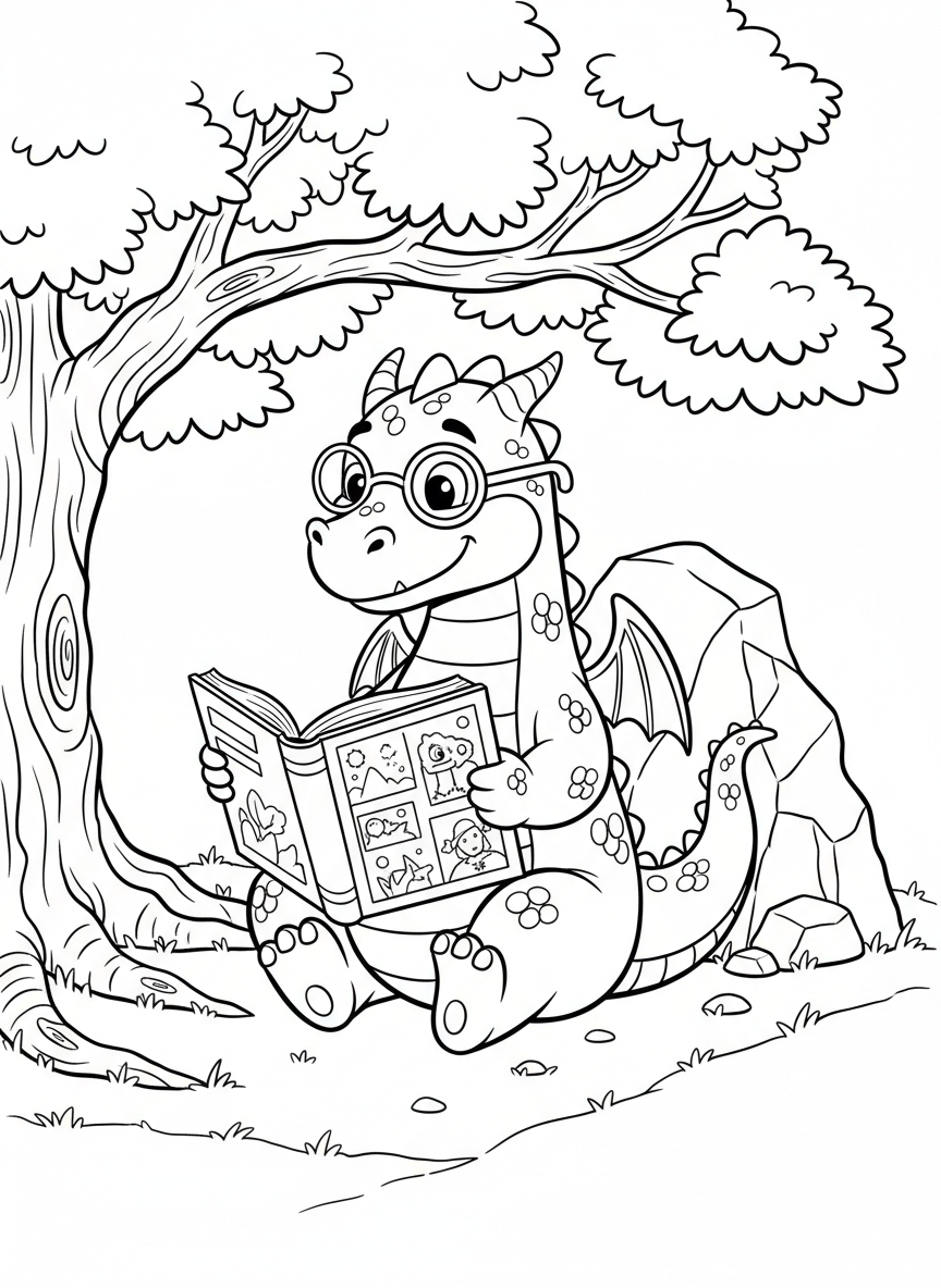 A dragon reading a big storybook under a tree, wearing glasses and sitting cross-legged