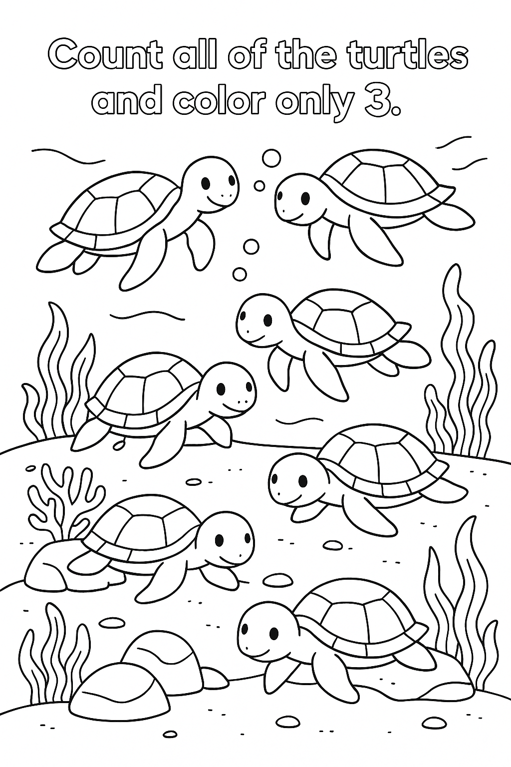 Title: “Count all of the turtles and color only 3.” Show a bright ocean floor with rocks, coral, and seaweed. Include several turtles swimming and resting on the sand. Make all turtles easy to spot and count.