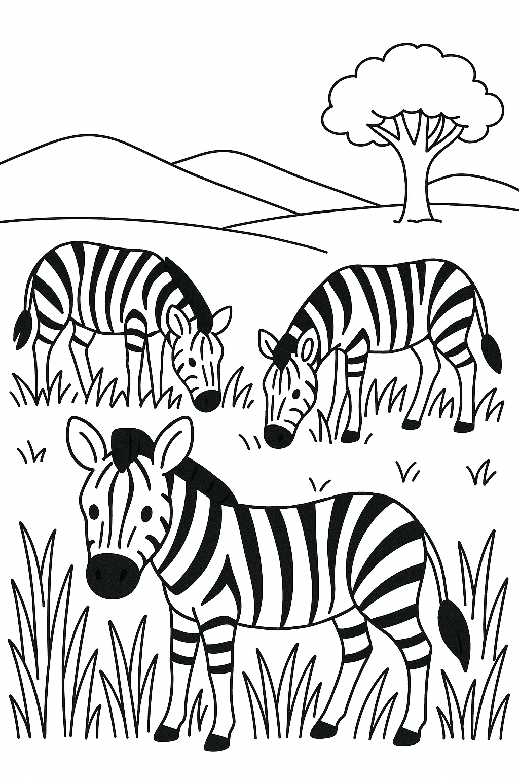 Create zebras grazing in tall grass with one looking toward the viewer. Add gentle rolling hills and a single tree in the background.