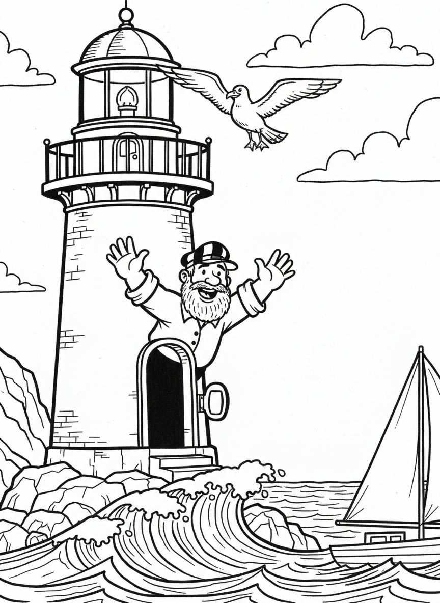 A cheerful lighthouse keeper waving from the lighthouse door, with a friendly seagull perched on the railing and a sailboat in the distance