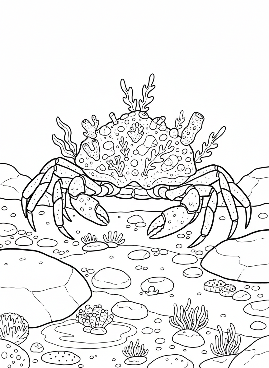 Detailed illustration of a decorator crab covered in bits of seaweed and sponges, walking across tide pool floor.
