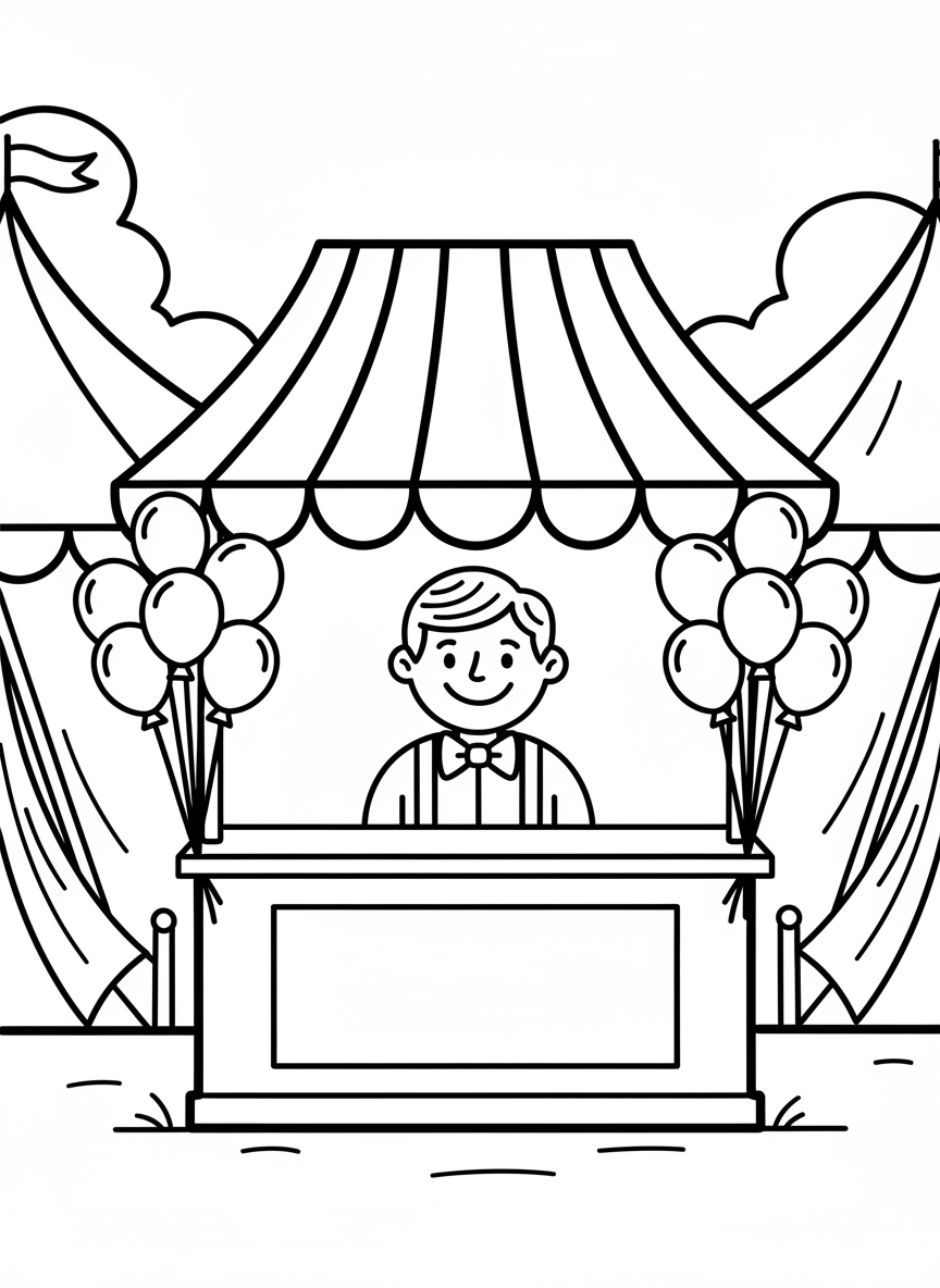 A carnival ticket booth with a striped awning, balloons tied to the sides, and a friendly attendant in the window.
