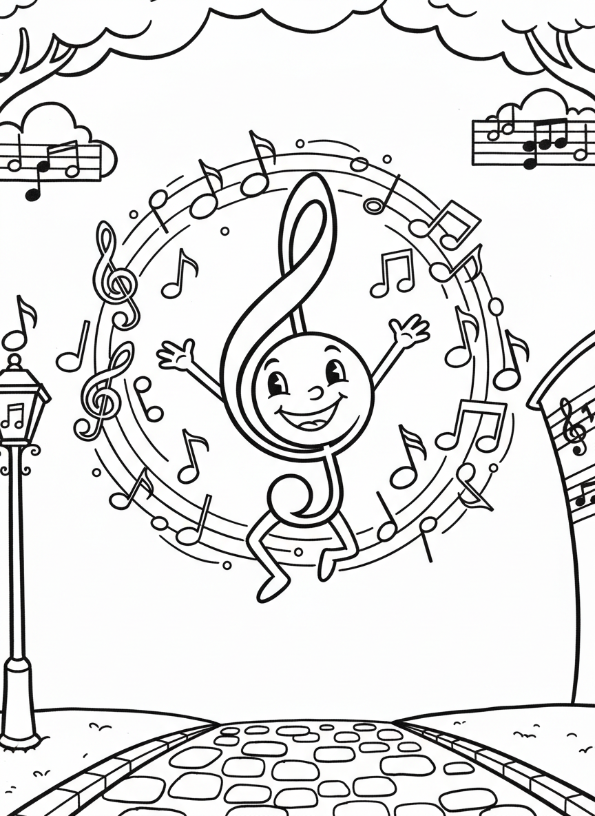 A smiling treble clef character dancing with musical notes swirling around in a playful pattern, simple and fun for young kids.
