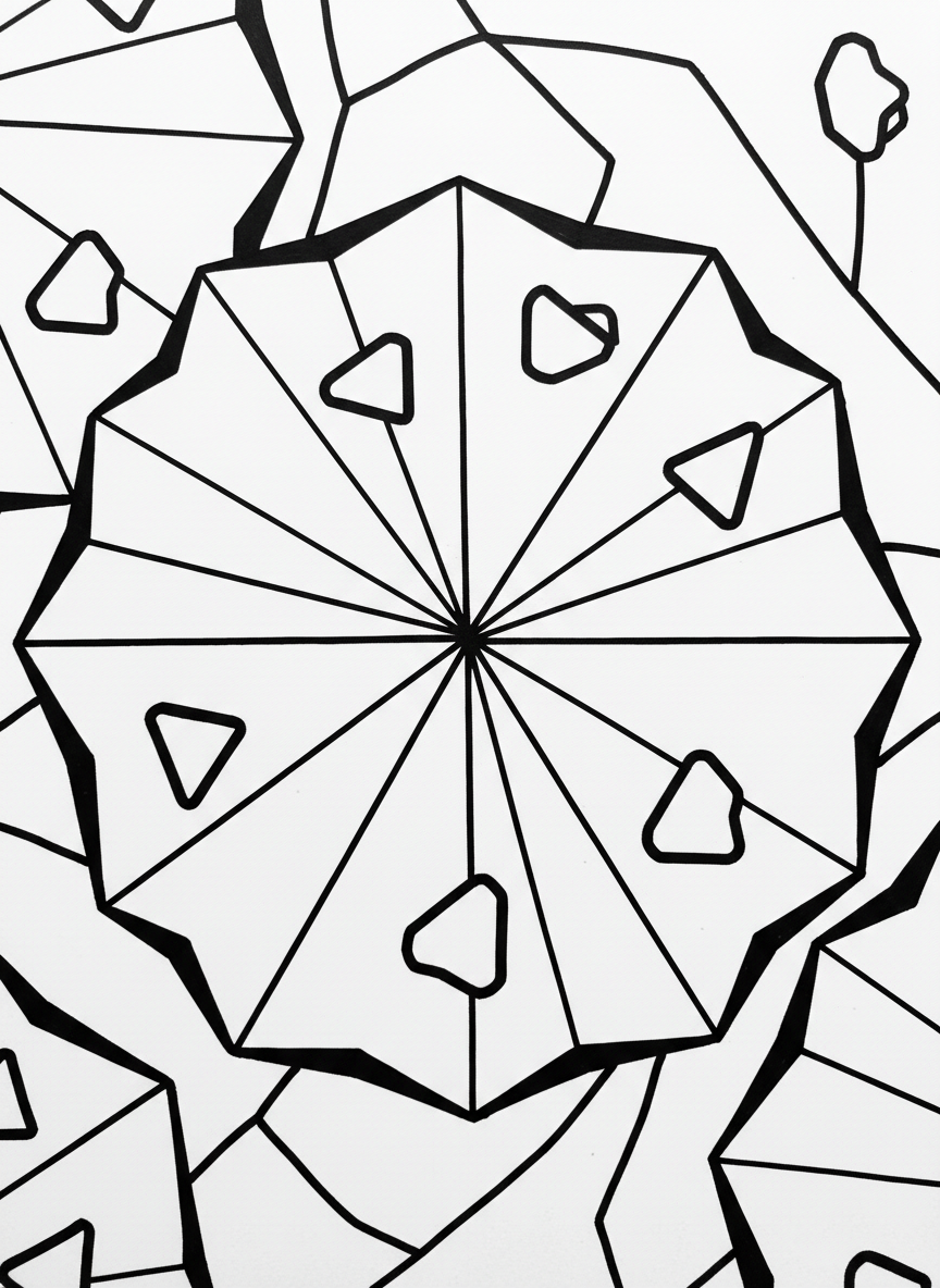 A simple origami cookie with geometric chocolate chip triangles, showing radial fold lines from center and scalloped angular edges.