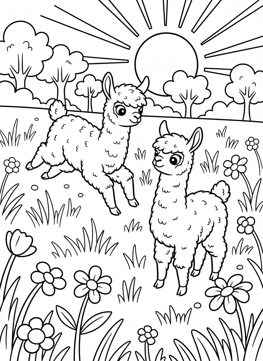 Two baby alpacas playing together in a sunny field, one jumping playfully while the other watches with curiosity.