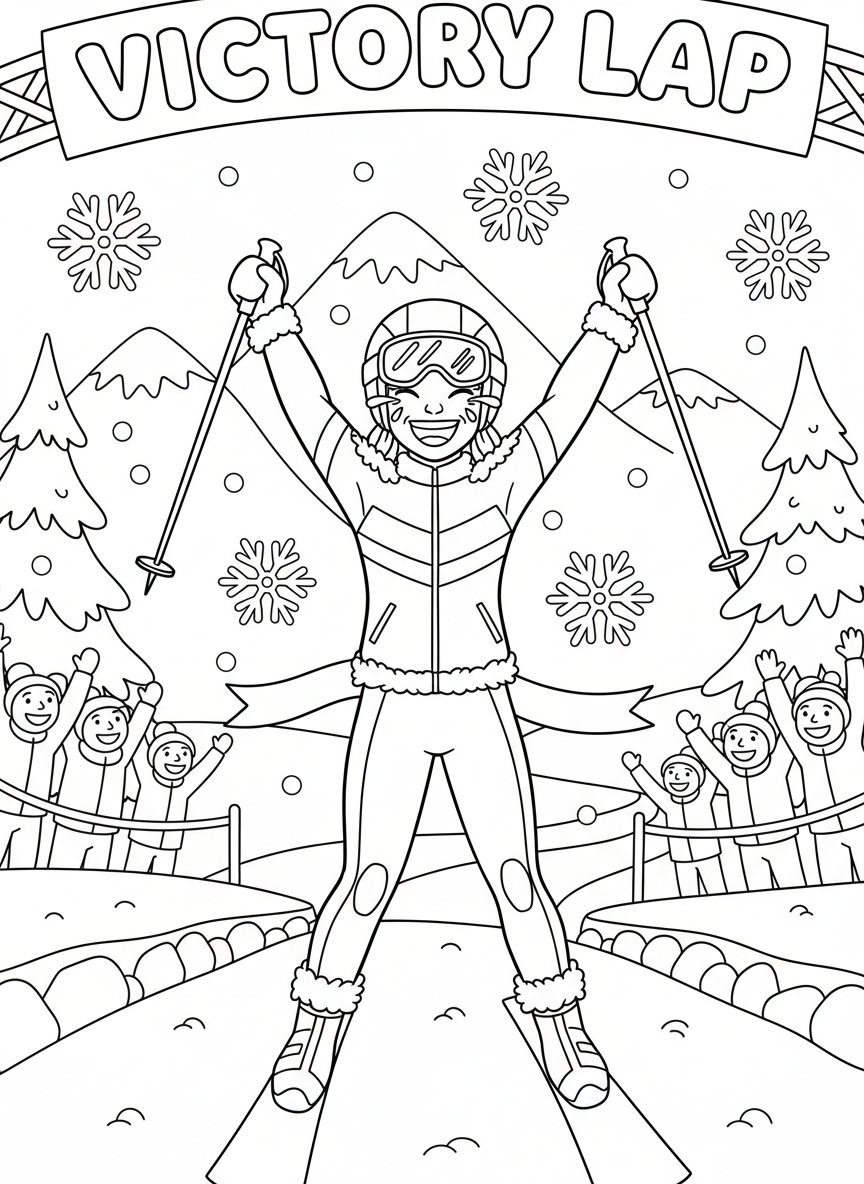 Winter Olympics coloring page prompts capturing snowy venues, cold-weather sports, and dramatic winter competition.	An athlete celebrating at the finish line, frost clinging to gear as emotion spills out.