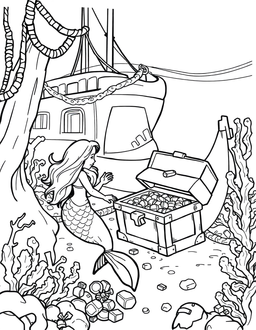 A mermaid exploring a sunken pirate ship, looking at a treasure chest full of gold and jewels