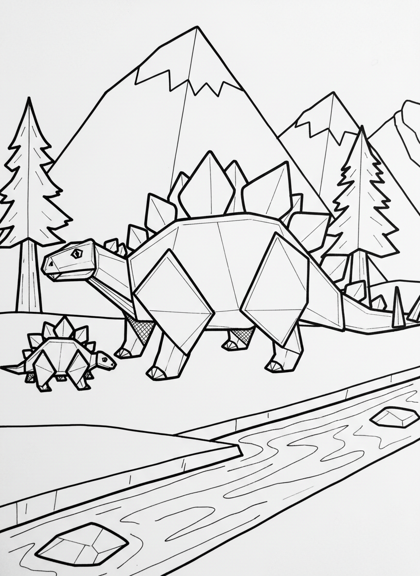 A scene with an origami Stegosaurus family - one large and two small babies, all featuring geometric plates and simple angular shapes.