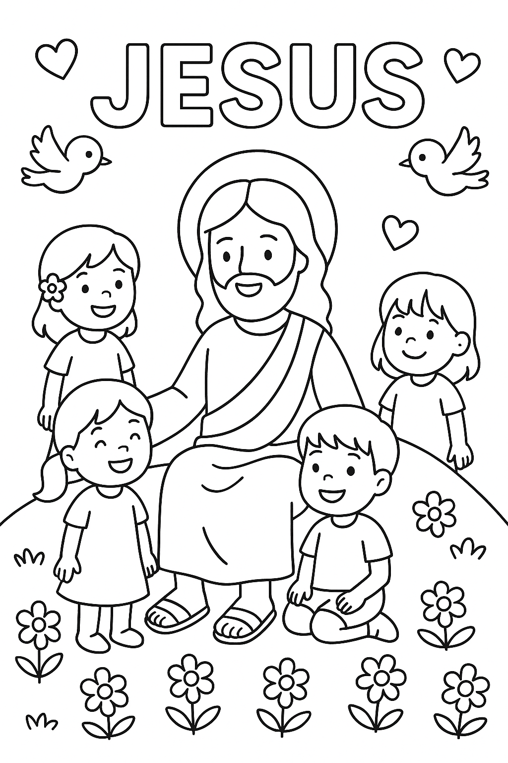 Draw Jesus sitting on a hillside surrounded by smiling children and flowers. Keep open space for coloring; add birds and hearts in the corners.