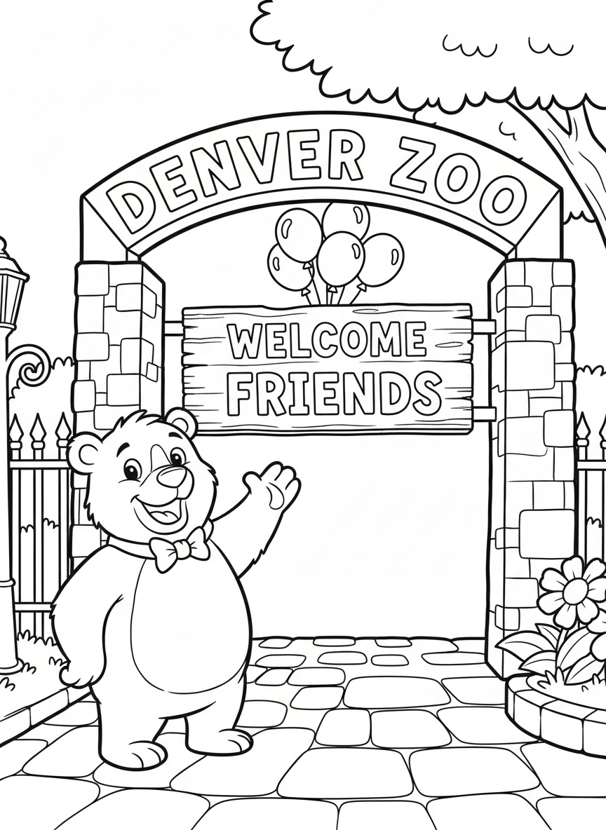 A friendly cartoon bear standing in front of the Denver Zoo entrance gate with balloons and a welcome sign, simple line art for young children.