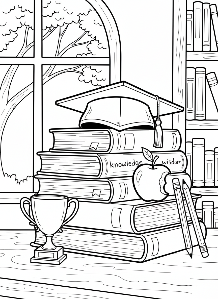 A graduation cap sitting on top of stacked books with an apple, pencils, and a small trophy arranged around them.