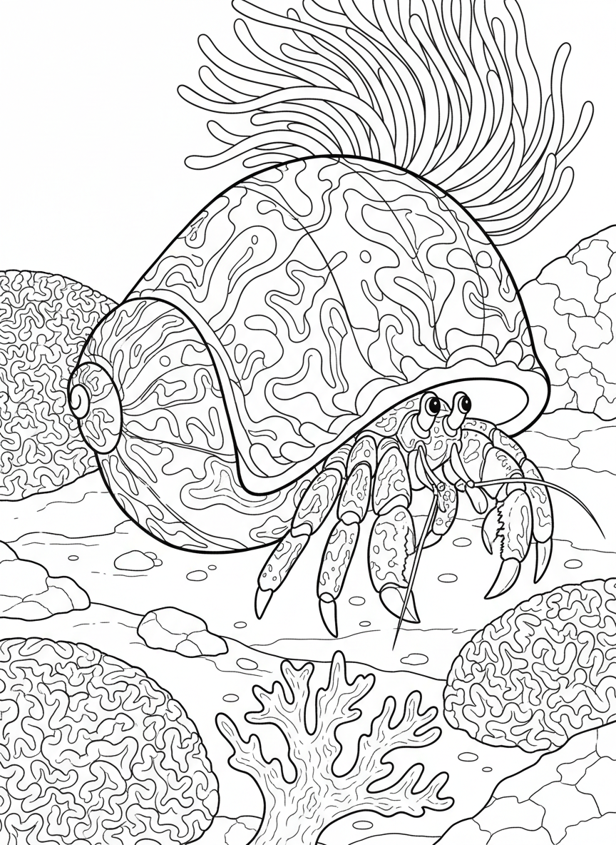 A hermit crab carrying a very large ornate shell decorated with ridges and swirls, moving past coral formations.
