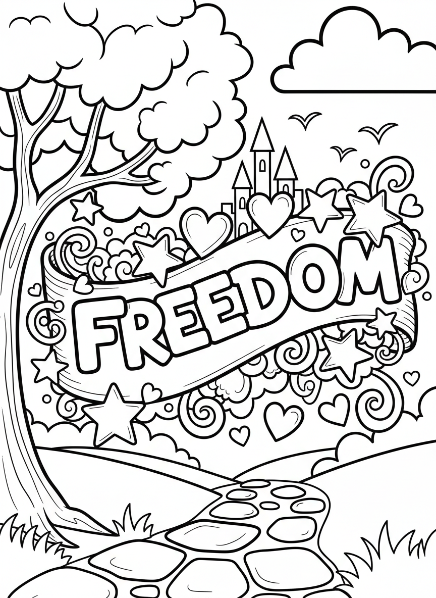 A decorative banner with the word FREEDOM spelled out in large block letters, surrounded by stars, hearts, and ribbon swirls for kids to color