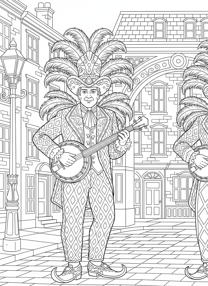 A Mummers parade performer in an elaborate feathered costume with a banjo, wearing a decorative hat and fancy suit with simple pattern details.