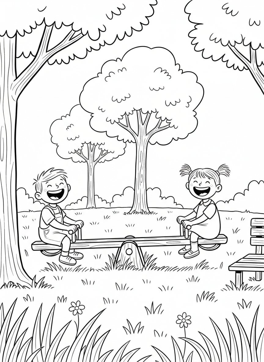 Two cheerful kids on opposite ends of a seesaw in a park setting with trees and grass, easy to color