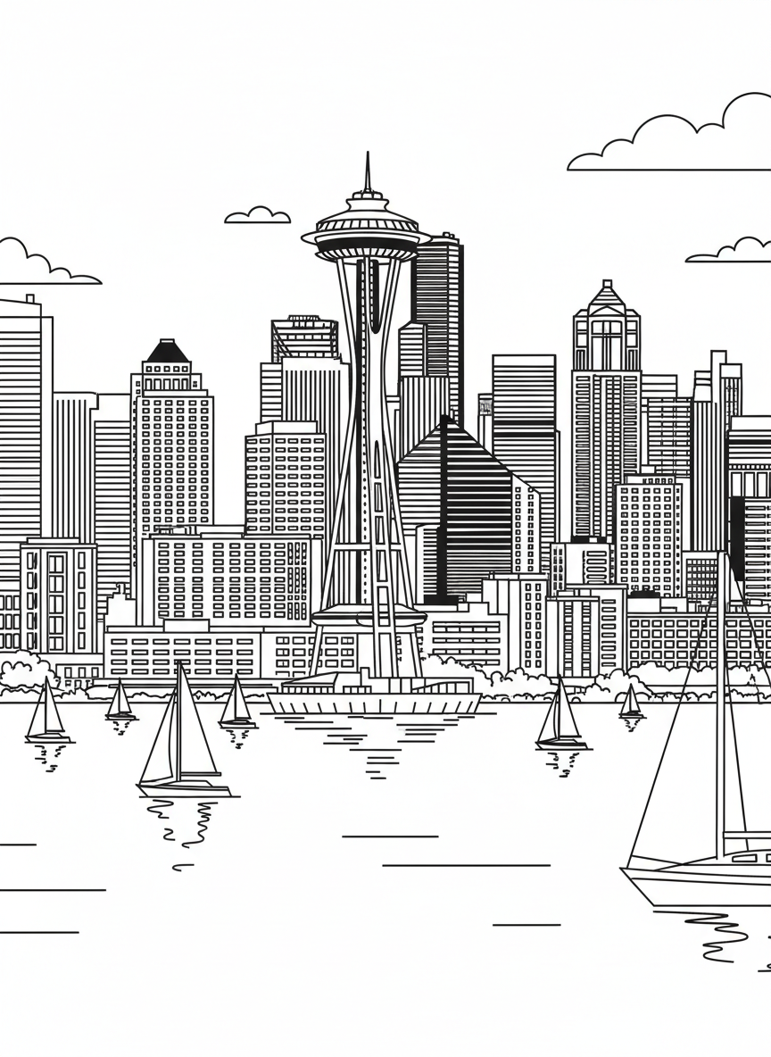 Downtown Seattle skyline view with multiple skyscrapers, the Space Needle, and sailboats on the water, detailed cityscape.