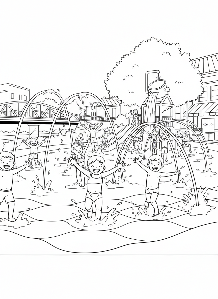 Kids playing at a splash pad in Bricktown with water fountains spraying and happy faces, fun summer activity scene.
