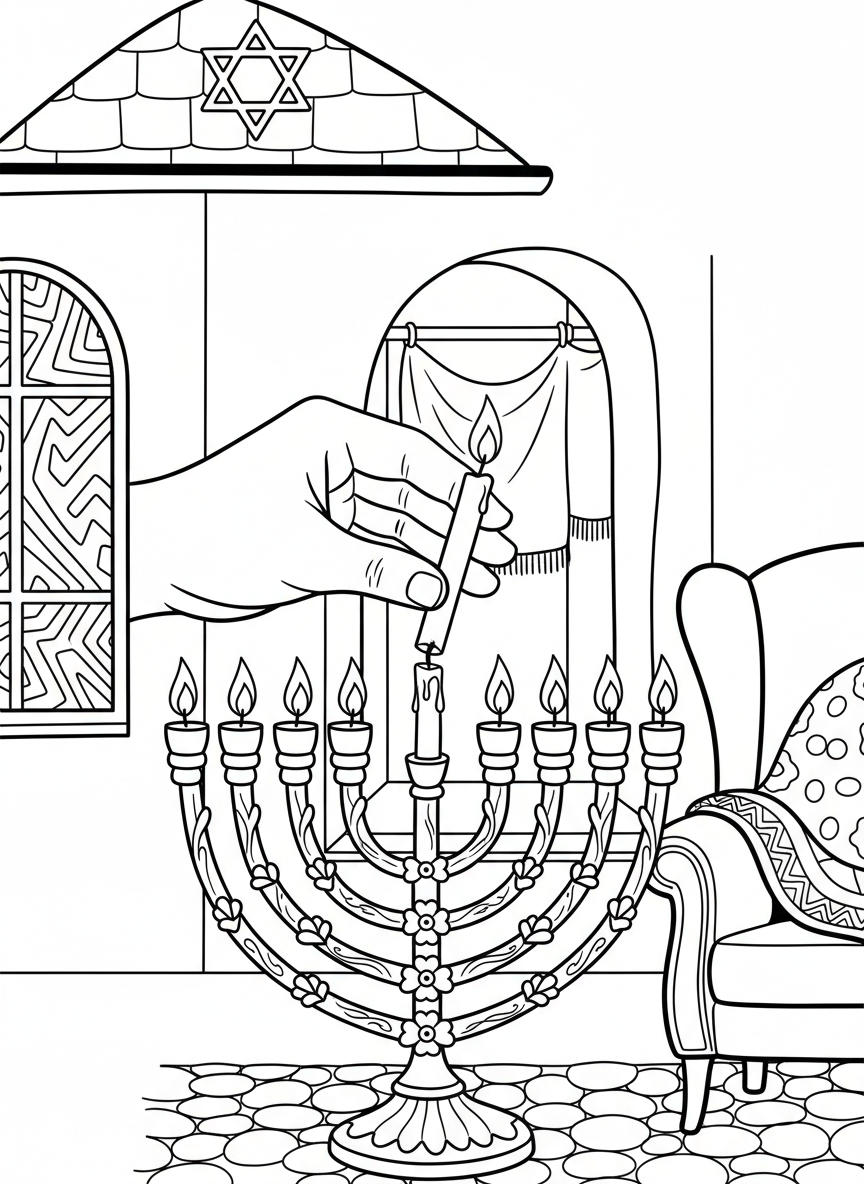 A close-up of a hand holding a shamash candle, about to light the other candles on a menorah, clear detailed lines.