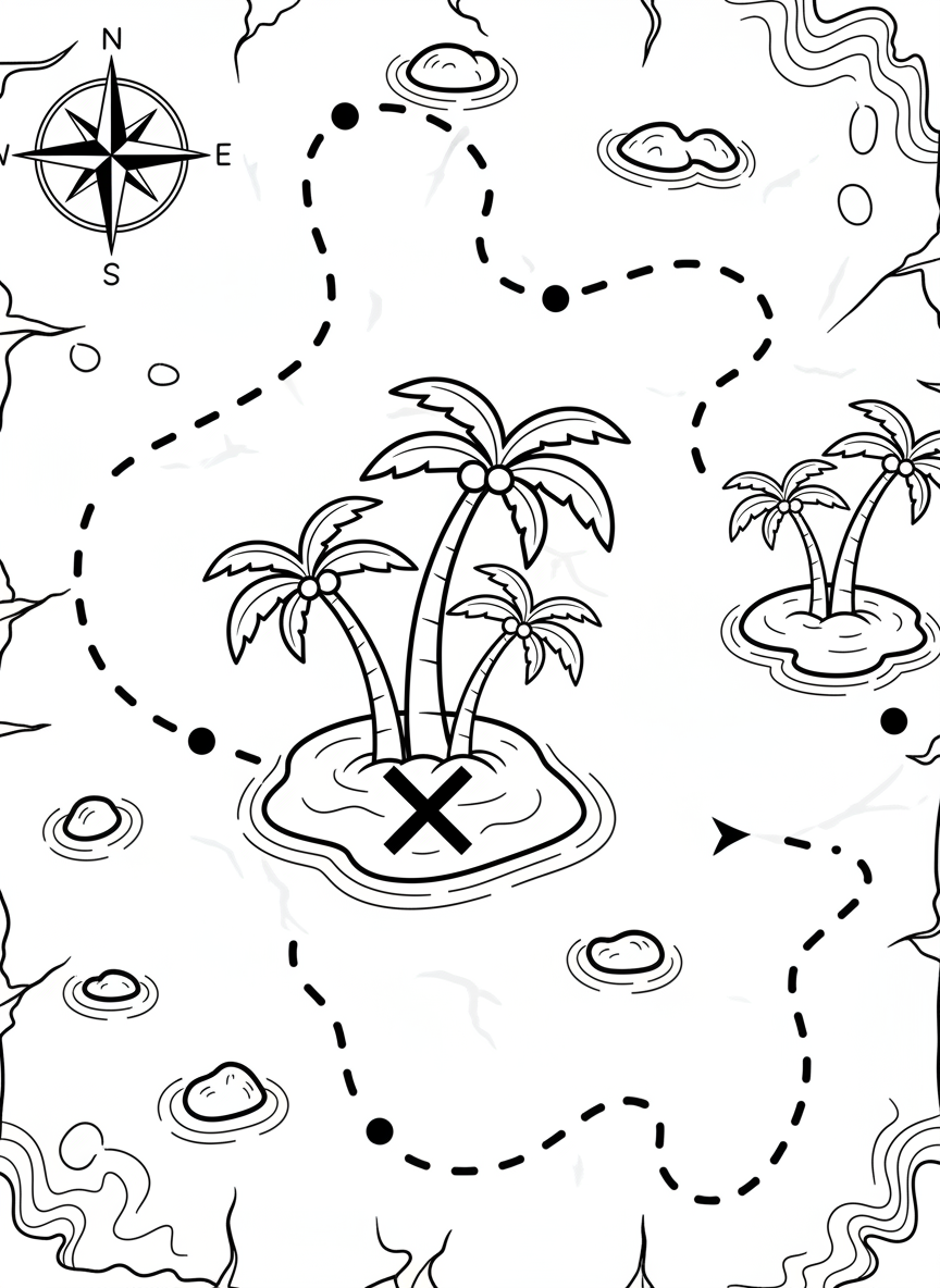 A treasure map with an X marking the spot, compass rose, dotted paths, and small islands with palm trees drawn on aged parchment
