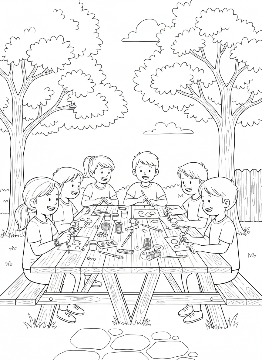 Kids sitting in a circle during arts and crafts time, making friendship bracelets and painting at picnic tables.