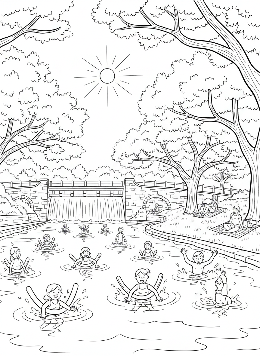 Barton Springs Pool with children swimming, trees around the edges, and simple water ripples, cheerful summer scene