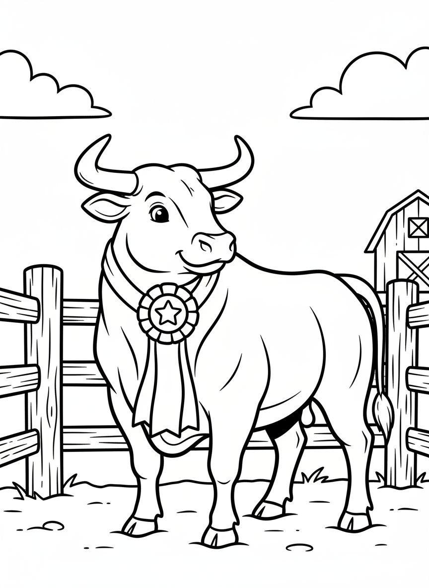 A friendly bull with horns standing calmly in a rodeo pen, wearing a ribbon around its neck from a competition.