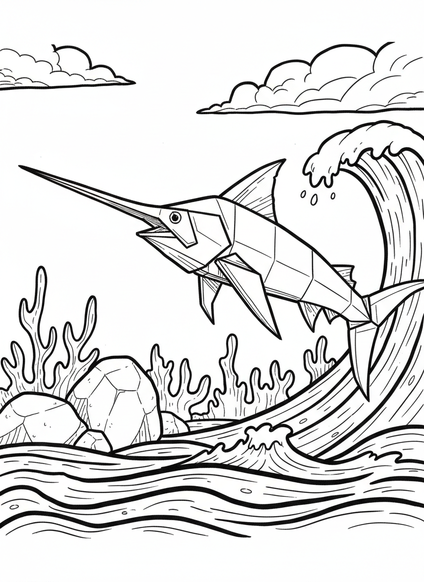 An origami swordfish with long pointed bill, streamlined body showing angular paper folds and dynamic pose