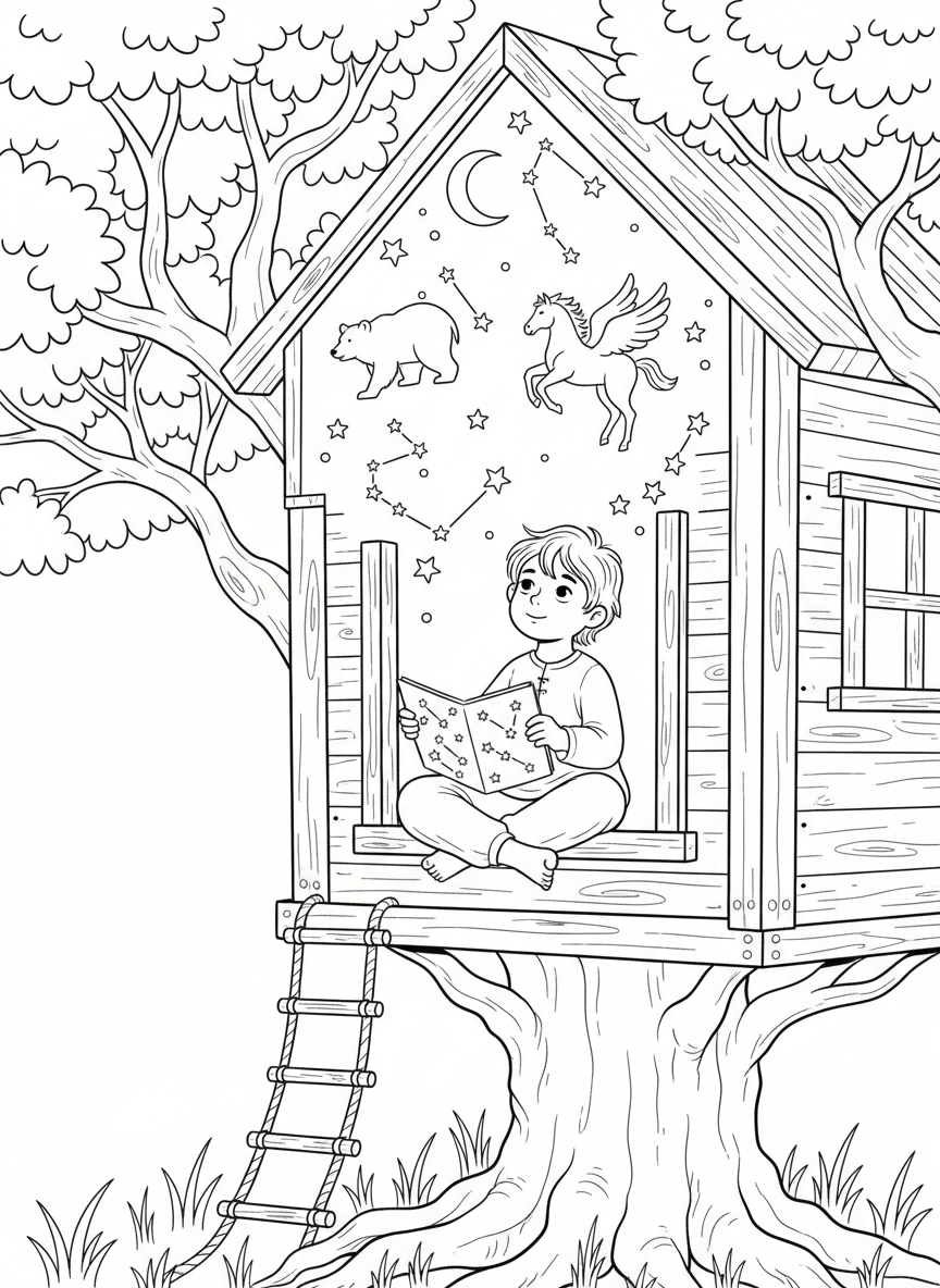 A child sitting in a treehouse window with a star chart in hand, looking up at a sky filled with simple constellation patterns.