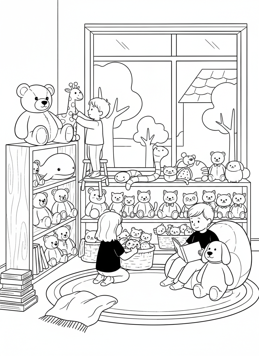 Students lining up stuffed animals neatly on a shelf, organizing by size or type, cozy reading corner setting