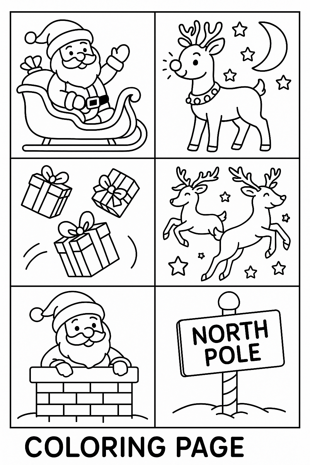 Coloring page grid: Santa in sleigh, Rudolph with glowing nose, reindeer flying poses, presents falling, moon and stars, chimney scene, North Pole sign, thick black outlines only, no shading, 6-panel grid layout for kids
