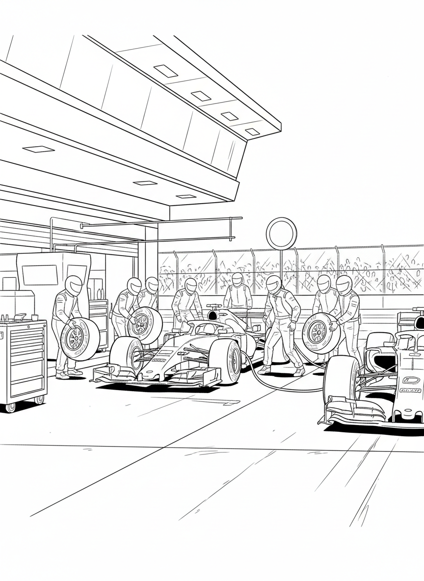 A busy pit crew working together to change tires on a Formula One car during a pit stop, showing multiple crew members in action.