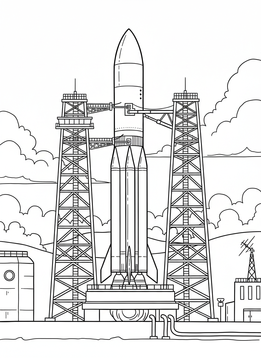A rocket countdown scene showing a tall rocket on the launch pad with support towers and observation deck