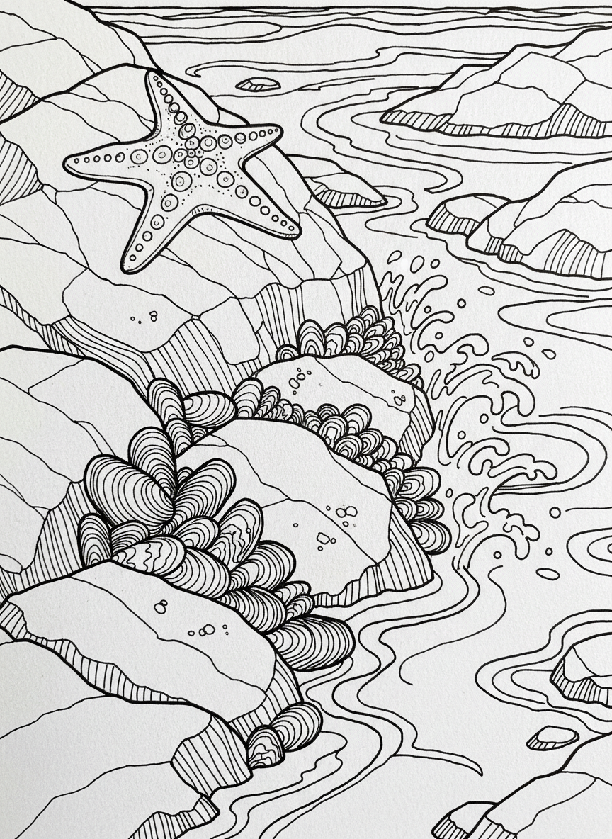 A tide pool scene with mussels clustered together on rocks, small waves splashing gently, and a starfish nearby for context