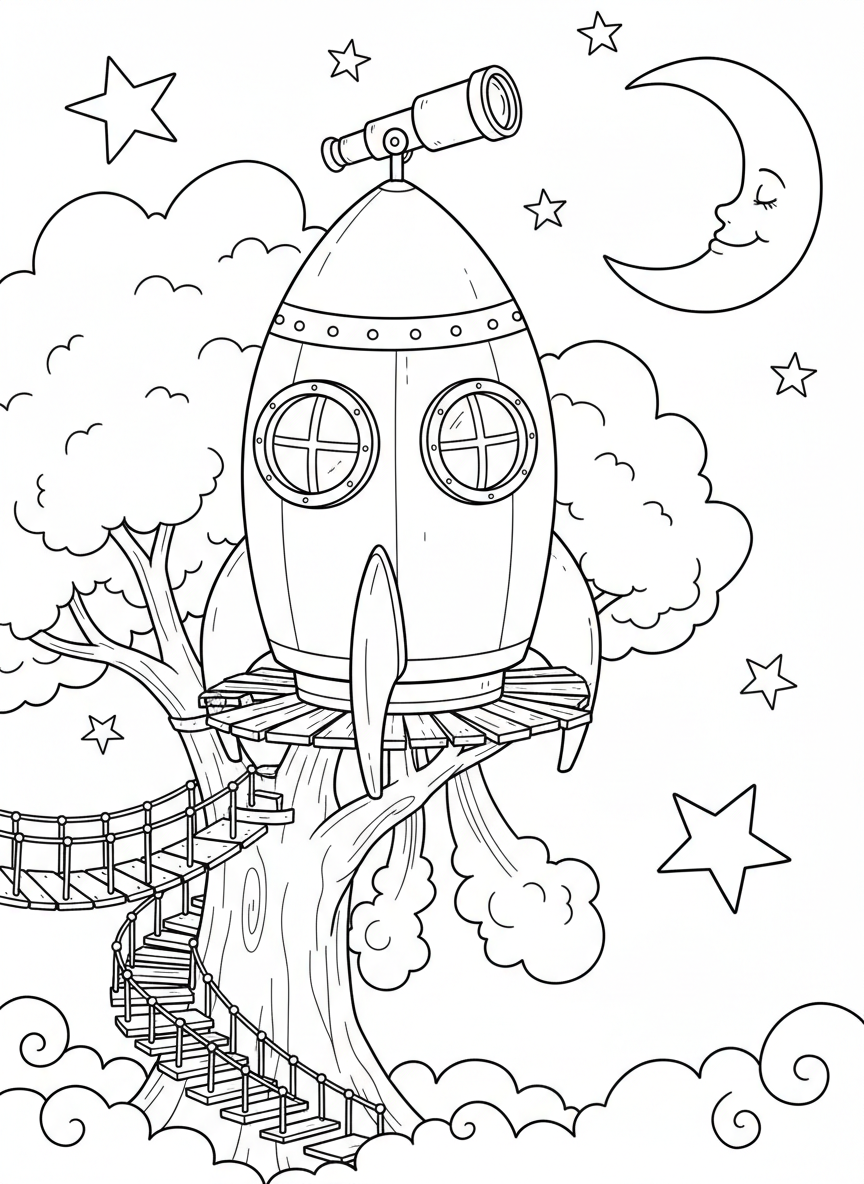 A whimsical treehouse shaped like a rocket ship with a telescope on top, surrounded by stars and a smiling moon.