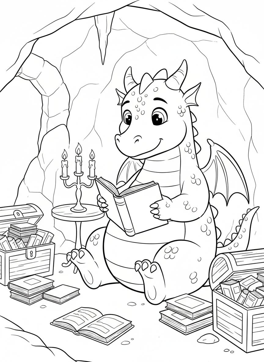 A friendly dragon sitting in a cave, reading a book by candlelight with treasure chests filled with books around it.
