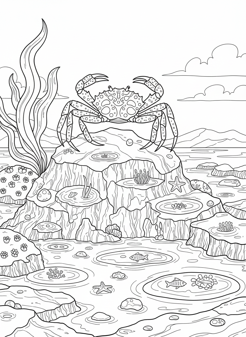 A crab perched on top of a large tide pool rock formation, with smaller pools and sea creatures visible below.