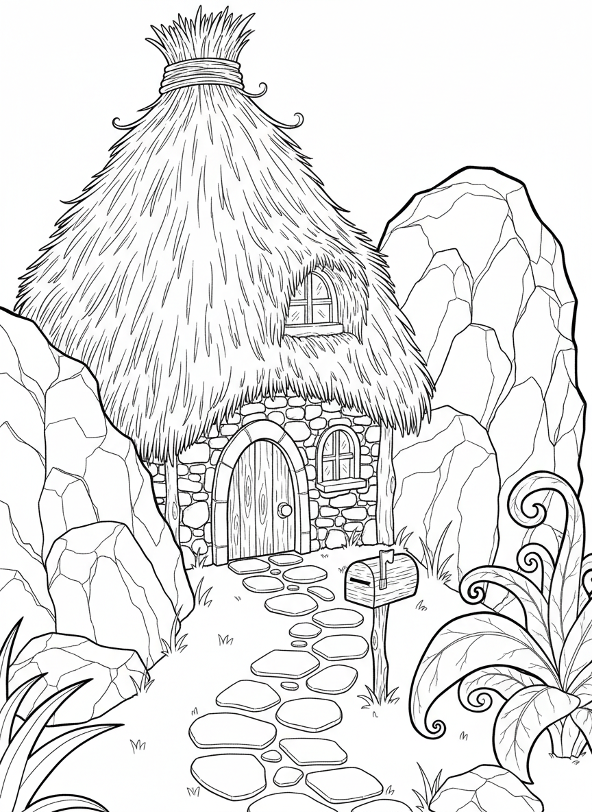 A fairy house built between two large rocks with a thatched grass roof, stone pathway, and a tiny mailbox by the door.
