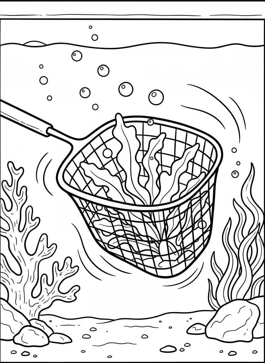 Close-up of a small aquarium net scooping up seaweed, with bubbles and simple water lines around it