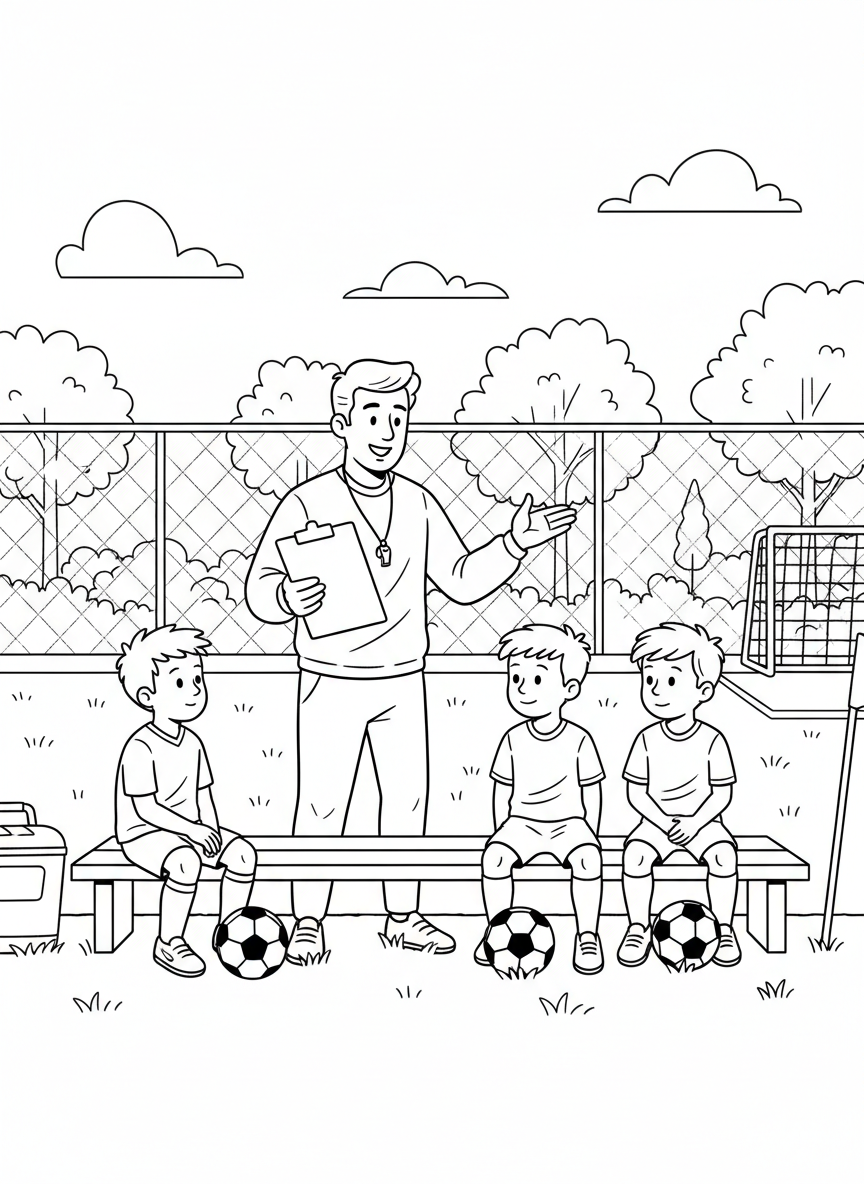 A soccer coach with a clipboard talking to young players sitting on a bench, sideline scene