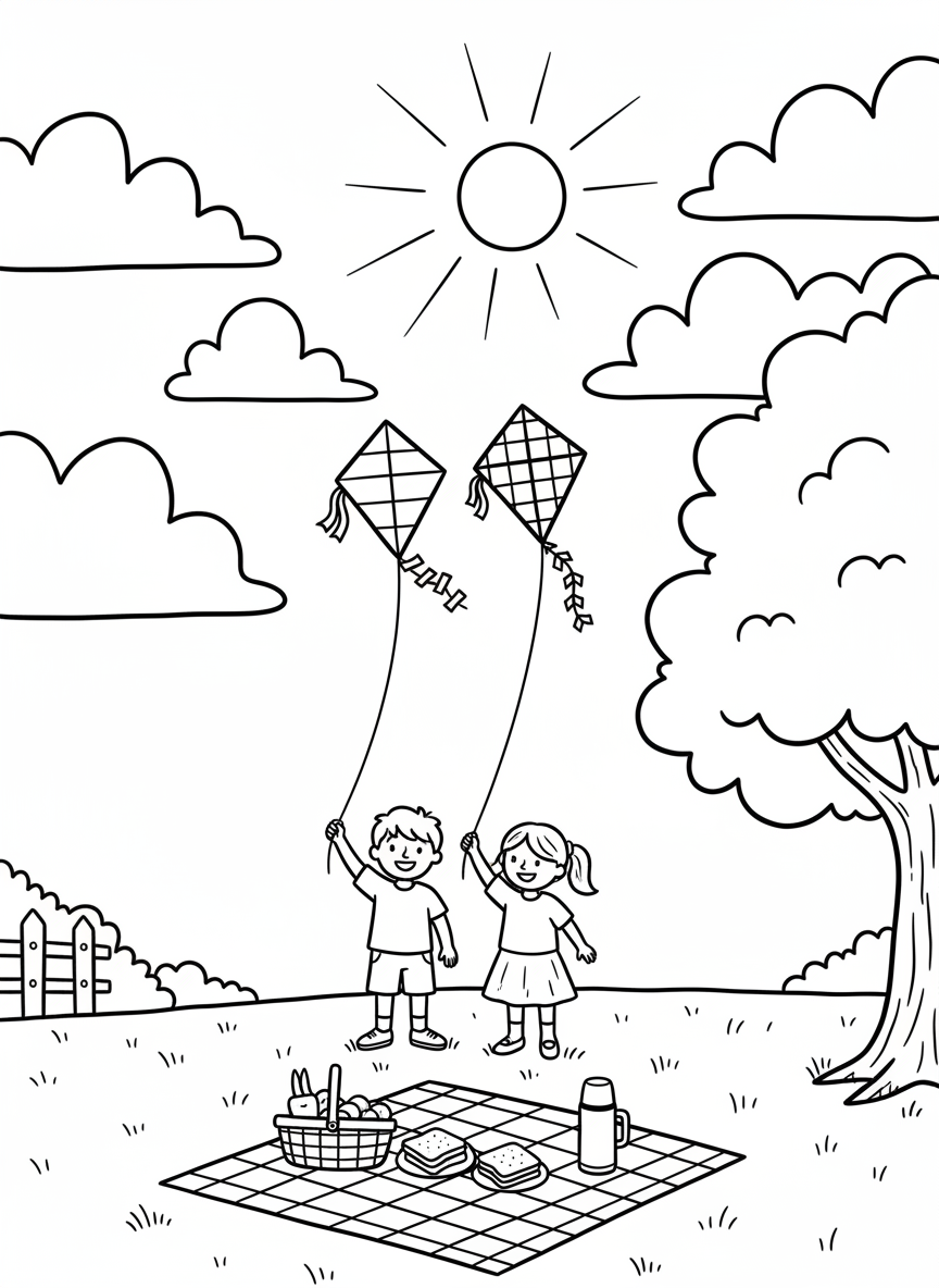 Two kids flying colorful kites in a wide open field with fluffy clouds above and a picnic setup visible below.