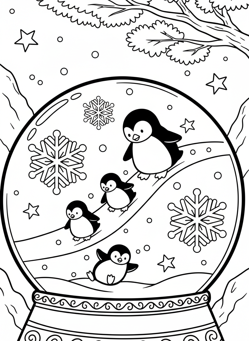 A snow globe with a family of penguins playing on an ice hill, with snowflakes and stars floating in the water around them.