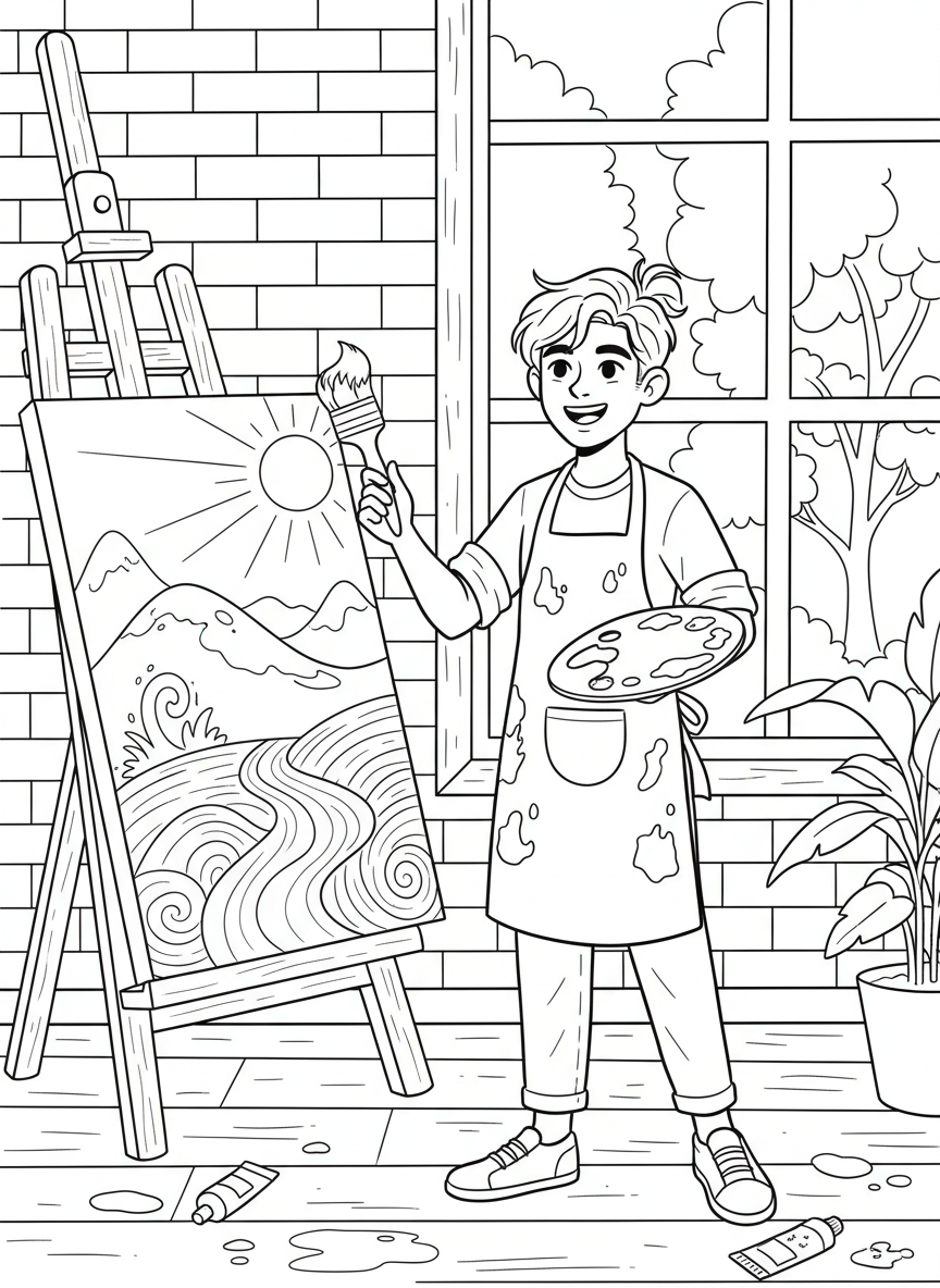 A young artist wearing a paint-splattered apron, holding a palette and paintbrush, standing proudly next to their finished masterpiece on the wall.