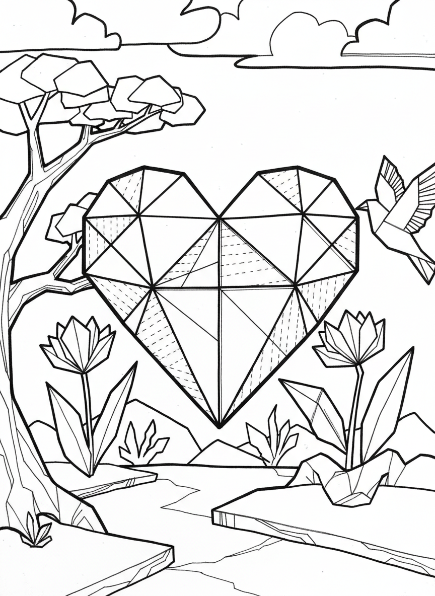 A complex origami heart with intricate geometric fold patterns creating a 3D dimensional effect, suitable for older children who enjoy detailed coloring.