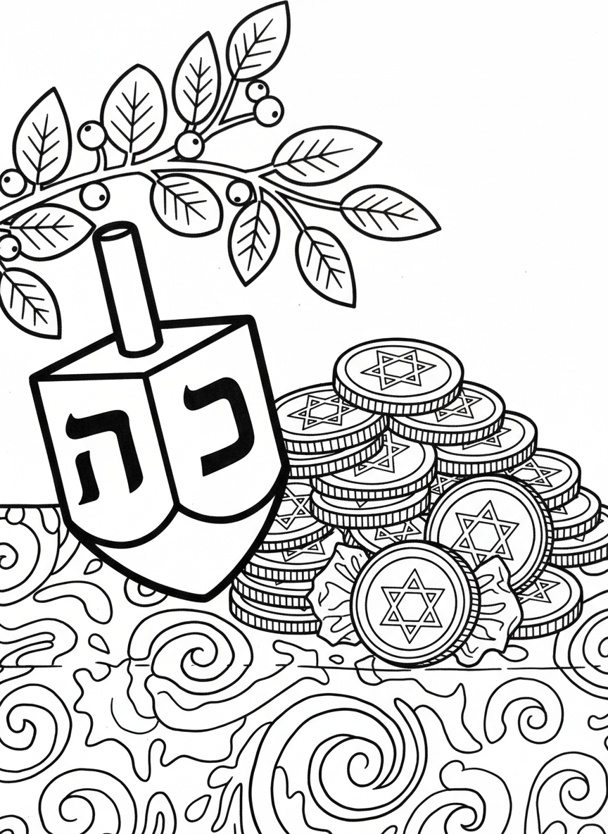 A dreidel next to a pile of chocolate coins wrapped in gold foil, with a few coins unwrapped, fun and festive arrangement.