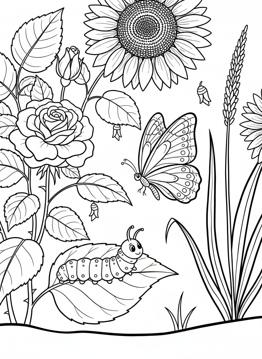A caterpillar on a leaf in the corner with a butterfly flying above, showing life cycle stages among garden plants.