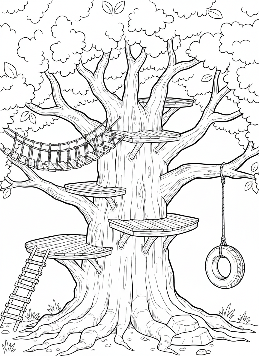 Wide scene of a treehouse village with three connected platforms, rope bridges between them, and a tire swing hanging from a branch.