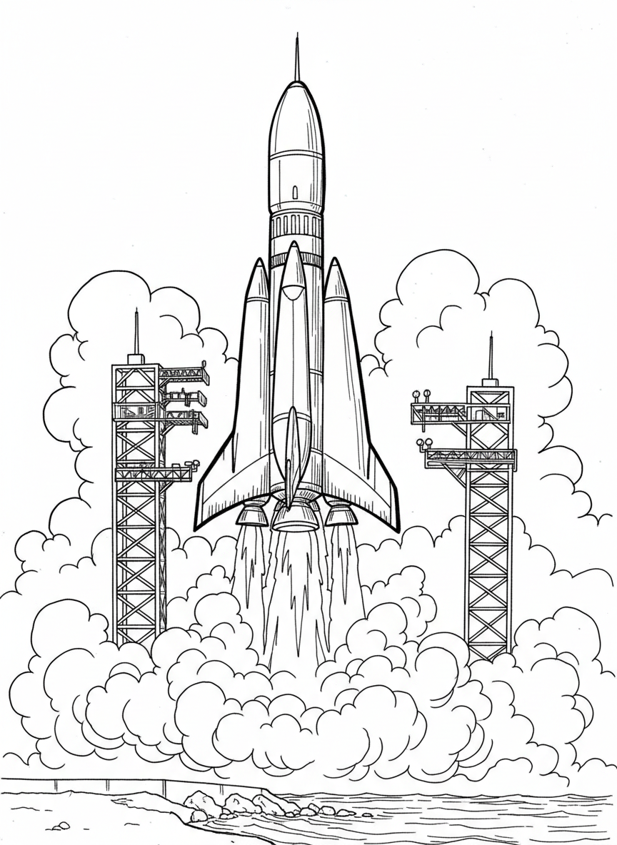 A detailed rocket ship blasting off from a launch pad with puffy clouds and flames beneath, perfect for older kids to color.