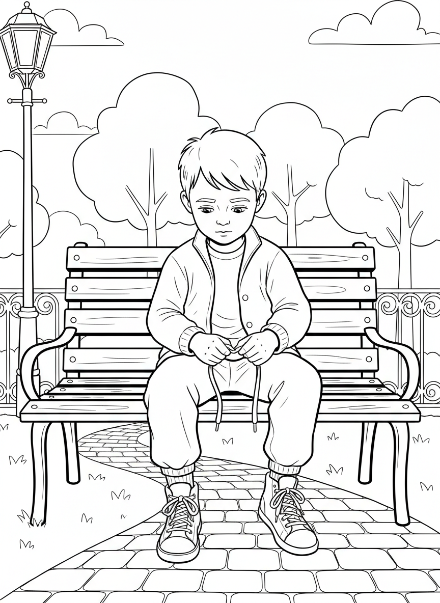 A child tying shoelaces while sitting on a bench, focused expression, one shoe on and one shoe being tied, simple background