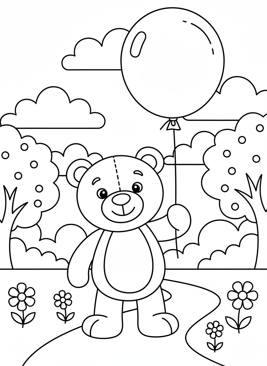 A cheerful teddy bear holding a balloon in a park with trees and clouds, simple shapes for young children to color